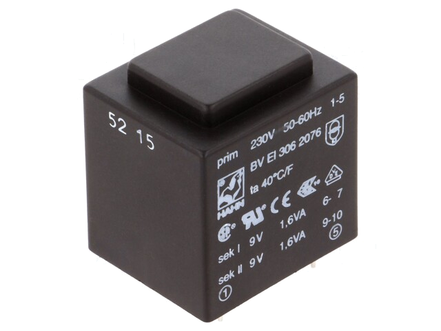 Transformator: ingegoten; 3,2VA; 230VAC; 9V; 9V; 178mA; 178mA; PCB Transformator: ingegoten; 3,2VA; 230VAC; 9V; 9V; 178mA; 178mA; PCB
